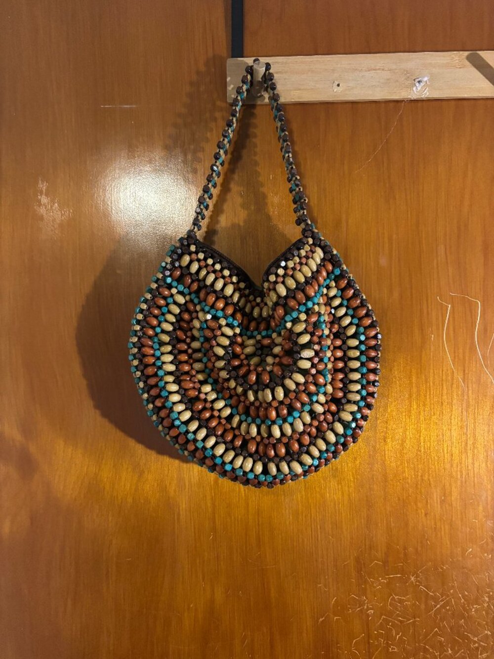 Fashion Express Wooden Beaded Hobo Bag Neutral Turquoise Boho Coastal Festival